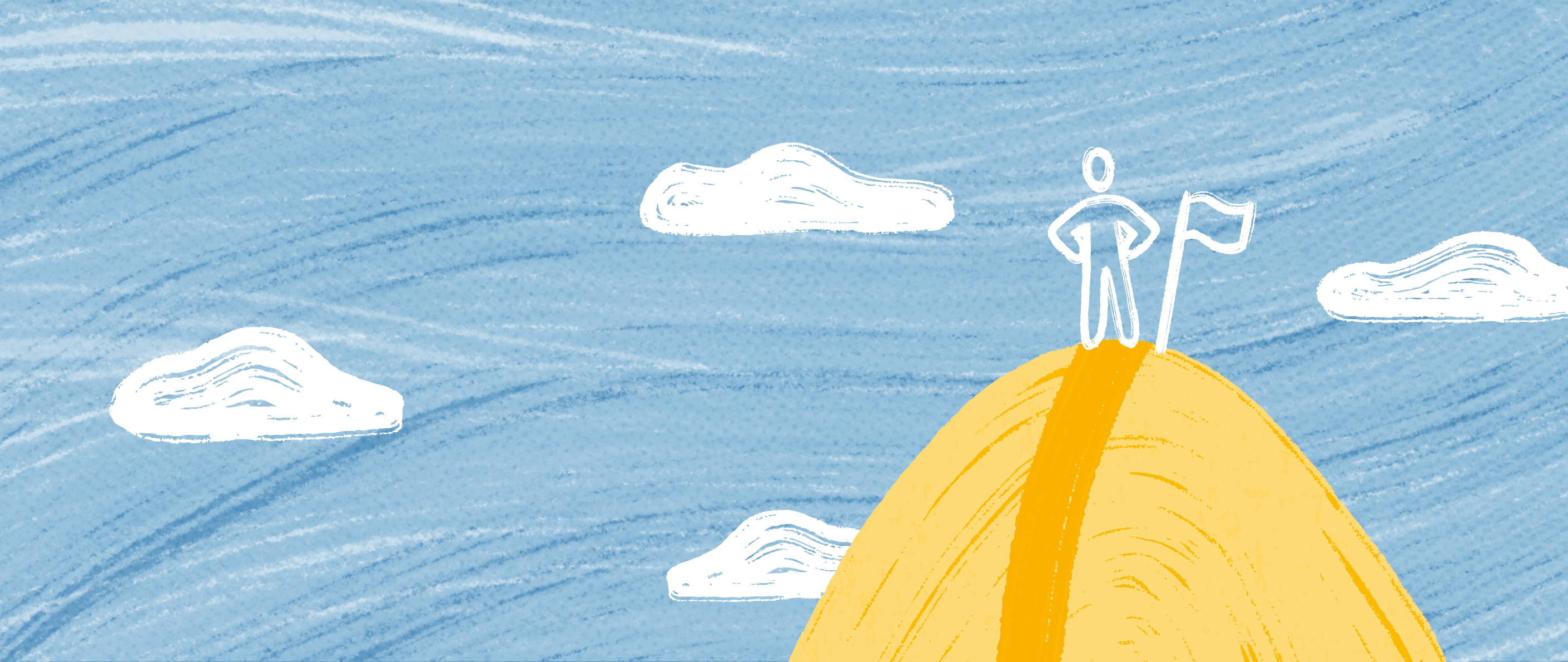 A man standing proudly with her hands on her hips next to a flag, marking the top of a hill, with clouds in the background.