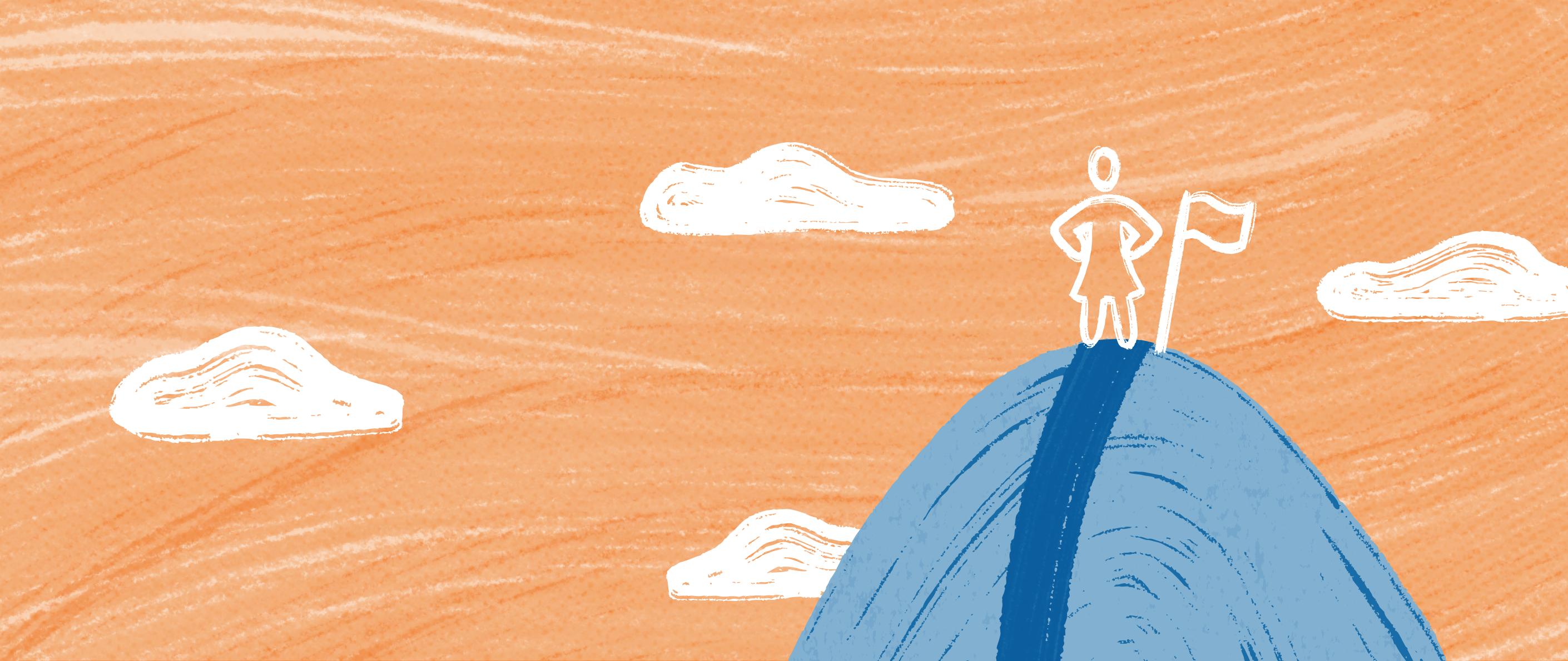 A woman standing proudly with her hands on her hips next to a flag, marking the top of a hill, with clouds in the background.