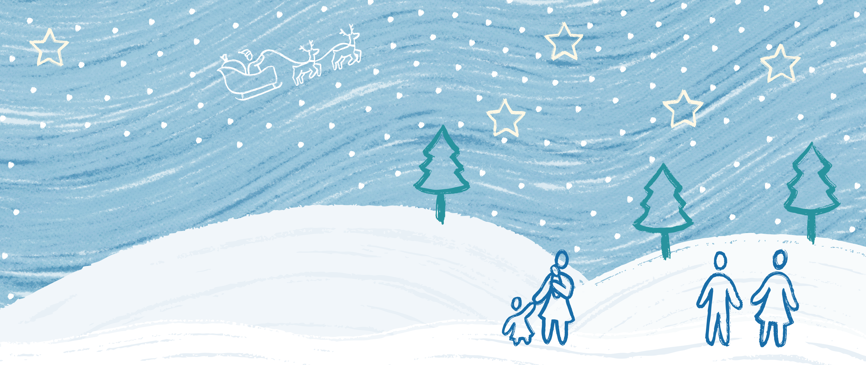 People stand on snowy hills looking up at the snow, stars and Father Christmas in his sleigh being pulled by two reindeer.