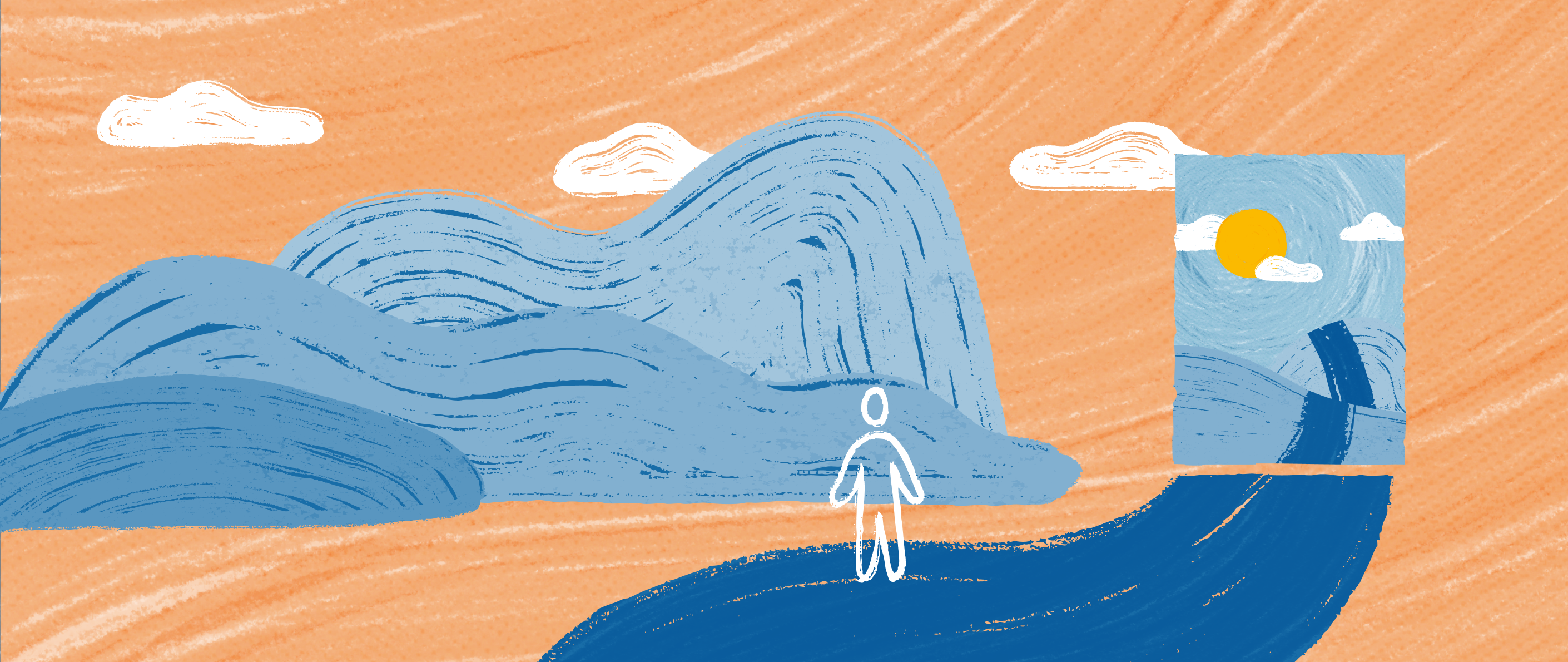 An illustration of a man walking by three hills, towards a doorway which has sun and clouds through it.