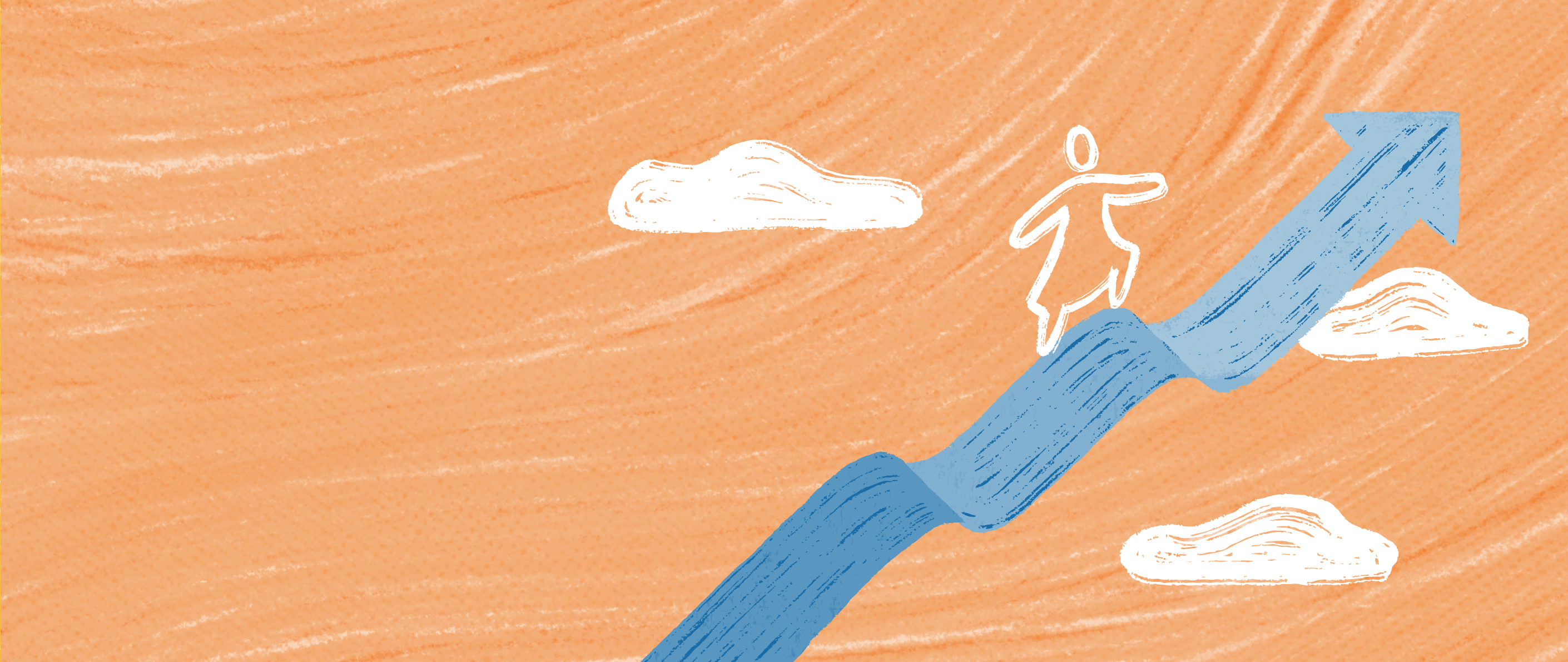 An illustration of a woman climbing up an forward facing arrow, with clouds in the sky.