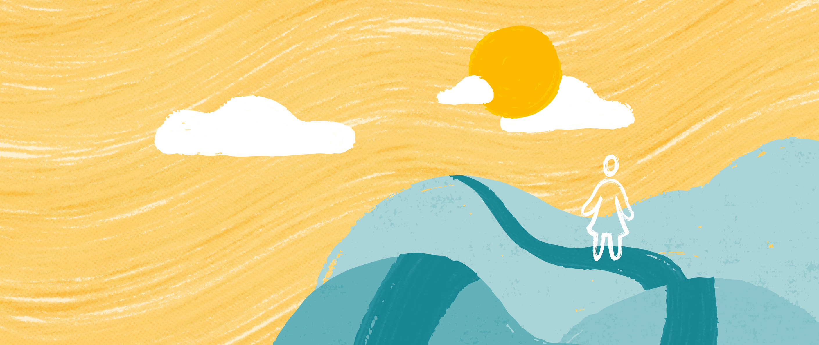 An illustration of a woman walking on a path along three hills, with a sun and clouds in the sky.