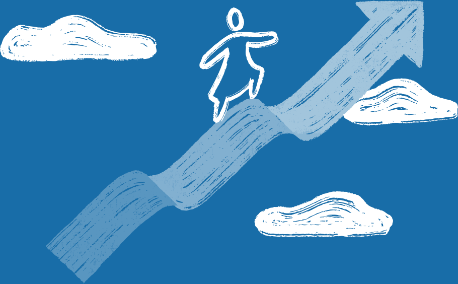 An illustration of a woman climbing up an forward facing arrow, with clouds in the sky.