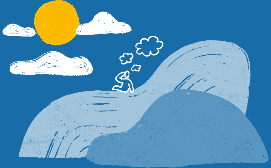 A person sat on a hill with thought bubbles above their head, watching the sun and clouds.