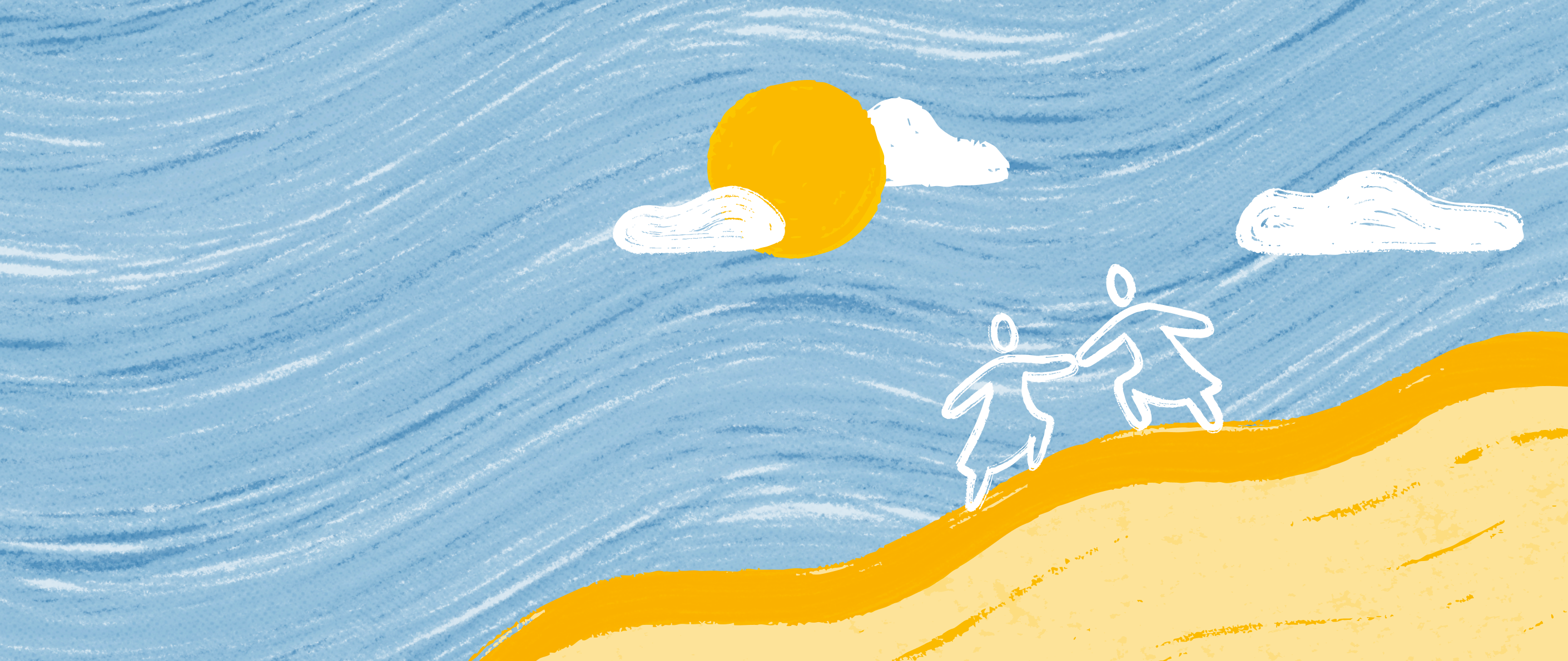 An illustration of a woman helping another woman up a hill along a path, with a sun and clouds in the sky.