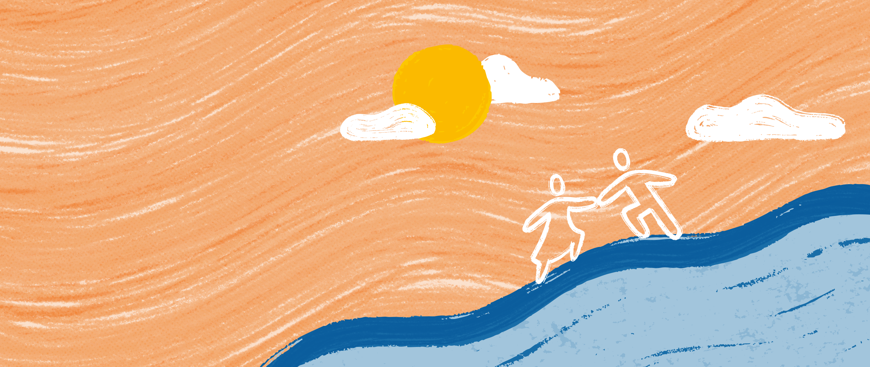An illustration of a woman helping a man up a hill along a path, with a sun and clouds in the sky.